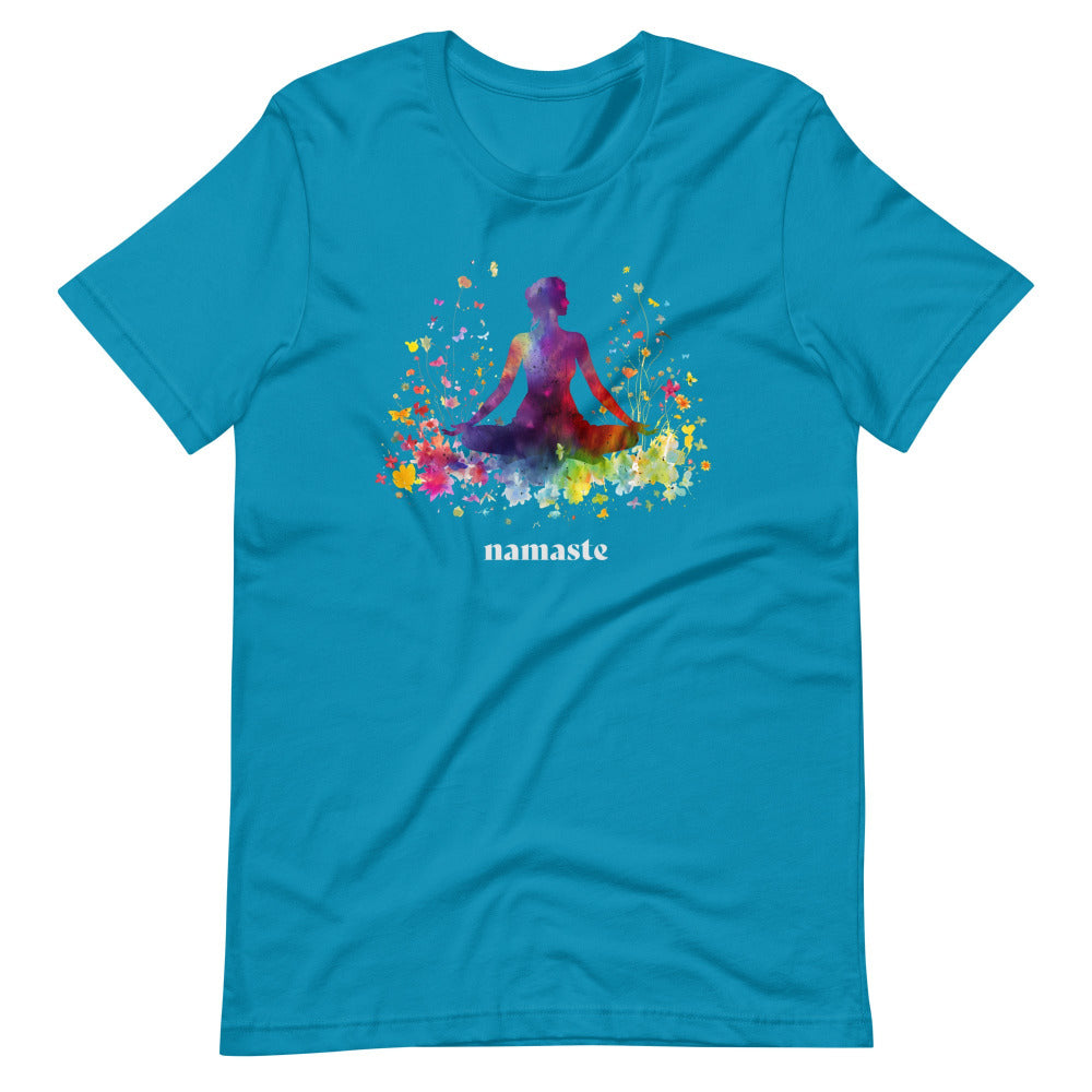 Namaste Yoga Meditation TShirt - Rainbow Garden - Aqua Color - https://ascensionemporium.net